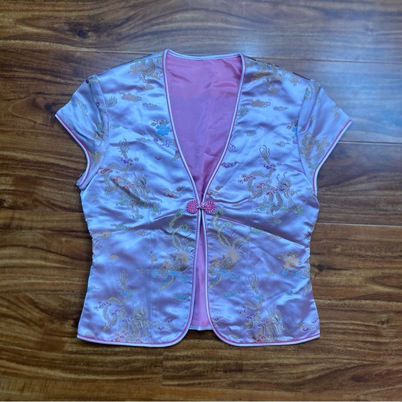 Vintage Women's Blush Pink Floral Dragon Satin Asian Cheongsam Top Size 0 Boho - Picture 4 of 10